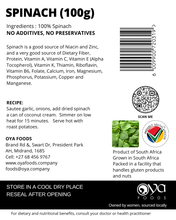 Load image into Gallery viewer, Label of dried spinach packaging with ingredients, nutritional information, and branding details.